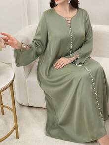 SHEIN Najma Elegant V-Neck Flare Sleeve Ruffle Hem Dress, Spring/Summer - Green - View 2