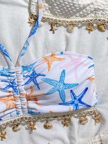 SHEIN 3pcs Tween Girl White Starfish & Seashell Print Knit Swimwear Set,Boho Summer Vacation Holiday Beach Tops,Pool Party Quick-Dry Elastic Bathing Suits - Multicolor - View 3