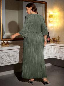 Reflora Plus Size Elegant Solid Color Dress, Suitable For Party Fall - Olive Green - View 2