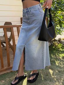 Livesso Spring & Summer Washed Distressed High Slit Straight Casual Beach Vacation Denim Skirt For Women - Medium Wash - View 8