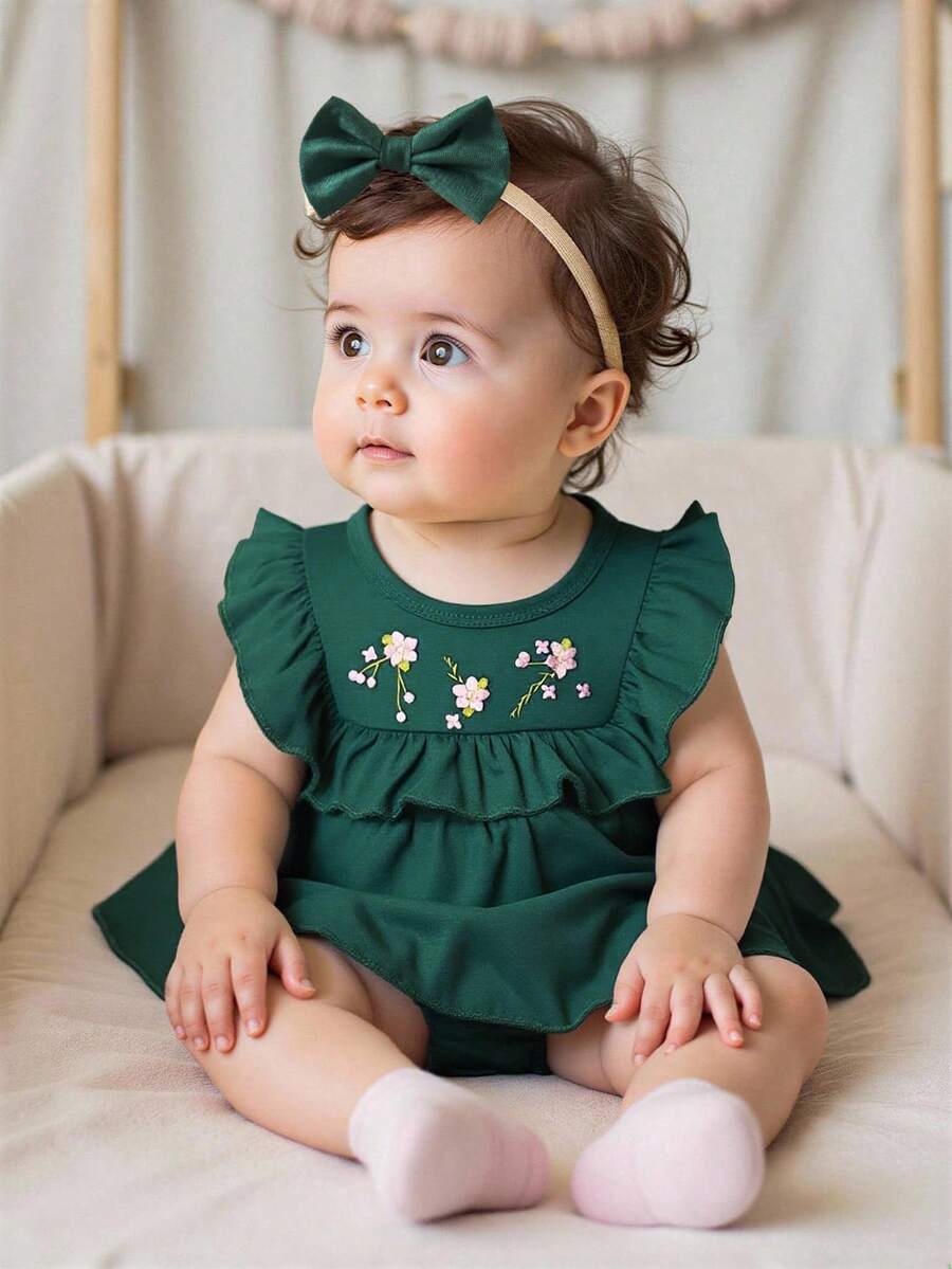 SHEIN Playful Pals 优雅的绿色花卉刺绣夏季女童连衣裙，适合派对和日常穿着