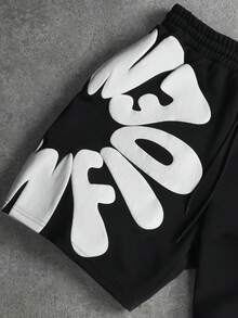 SLATEMANN Men's Summer Casual Letter Print Drawstring Waist Shorts - Black - View 5