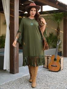 SHEIN LUNE Plus Size Casual Solid Color Fringe Trim Dress Fringe Dress Fringe Outfits Women Green Dress Green Dresses For Women Modest Dress Abaya Dress فساتين ساتره Casual Outfit For Women Casual Long Dress Casual Dress Casual Dresses Casual Dress For Women Vacation Outfits Women Summer Holiday Outfits Beach Vacation Outfits For Women Vacation Dresses Going Out Outfits Beach Outfit For Women Beach Vacation Outfits For Women Beach Dresses Easter Dress Women Spring Outfit Summer Outfits Fringe Dress For Wom - Army Green - View 4