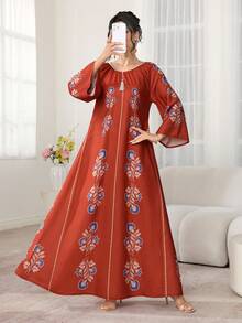 SHEIN Najma 印花束腰连衣裙 - 珊瑚橙 - 查看 7