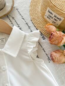 SHEIN Babygirl Cute Summer White Floral Embroidery Ruffle Collar Shirt Dress - White - View 3
