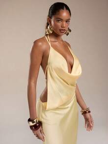 Normani 女士性感简约纯色黄色缎面不对称深V领露背系带连衣裙，适合派对、晚宴、正式场合、伴娘、生日迷你裙、商务休闲等场合，优雅露背缎面连衣裙 - 黃色 - 查看 5
