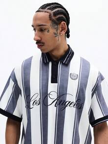 SUMWON Striped Polo Shirt With Los Angeles Text Classic Collar Short Sleeve Casual Button Placket Summer Spring Everyday Wear - Blue - View 4