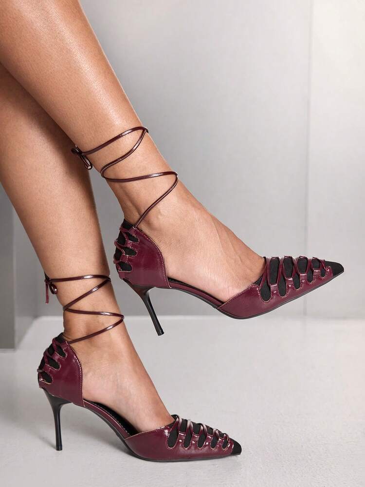 CUCCOO SZL Burgundy Patent Leather Lace-Up Hollow-Out Pointed Toe High Heels, Sexy Retro, Niche Criss-Cross Strap Design, Hollow Vamp Adds Uniqueness, Suitable For Women Pursuing Individuality, Liking Retro Style Or Niche Outfits, Can Be Worn For Dates, Parties Or Other Occasions To Showcase Charm, Also Can Add Highlights To Daily Outfits. Prom Heels