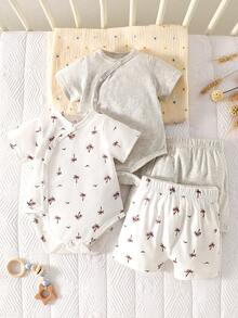 SHEIN Bộ 4 món áo liền quần ngắn tay mùa hè cho bé sơ sinh, bộ áo liền quần in họa tiết cho bé sơ sinh, gồm 2 áo ngắn tay và 2 quần short, màu trơn và họa tiết hoa, tiện lợi cho bé gái 0-9 tháng tuổi mặc, thích hợp cho tiệc tùng, khiêu vũ, mặc hàng ngày, mềm mại và thân thiện với da, bộ đồ mùa hè mềm mại mới năm 2026. - Màu Xám nhạt - Xem 8