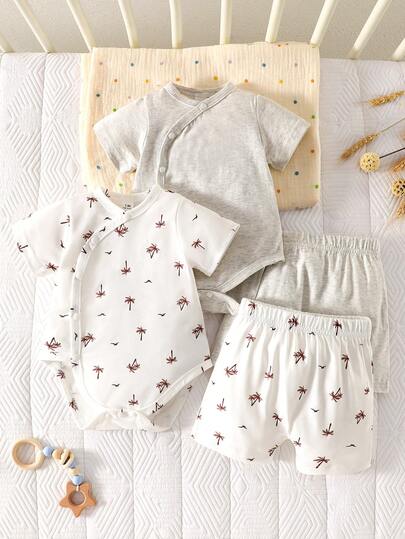 4 قطع/مجموعة جمبسوت قصيرة الأكمام للأطفال الرضع للصيف، طقم جمبسوت قصيرة مطبوعة للأطفال حديثي الولادة