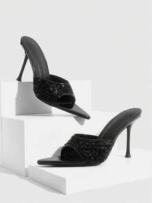 CUCCOO SZL Giày cao gót mũi nhọn cho nữ, thanh lịch, ngọt ngào, lãng mạn, giày bít mũi hở gót, giày dự tiệc trang trọng cho tiệc trà chiều, hẹn hò, tiệc thời trang, trang phục công sở, phong cách duyên dáng, kiểu dáng cơ bản đa năng, Halloween. - màu đen - Xem 4