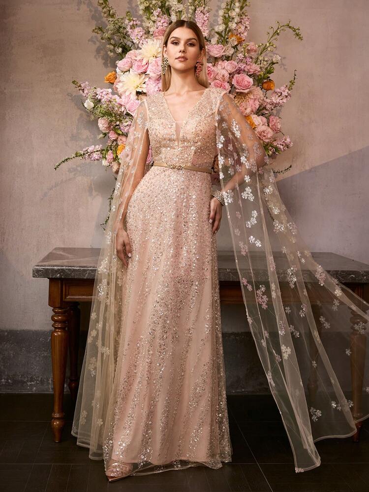 WOMEN'S NEW APRICOT EMBROIDERED MESH CAPE-STYLE FORMAL DRESS, DEEP V-NECK WAIST CINCHED LONG GOWN, LUXURY RUNWAY STYLE EVENING DRESS