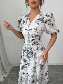 Modelyn Women's Woven Double Layer Printed Short Sleeve Midi Dress - Multicolor - View 4