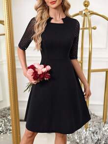 SHEIN Clasi Vestido mini elegante de mujer con parches de malla de lámina de plata - Negro - Ver 3