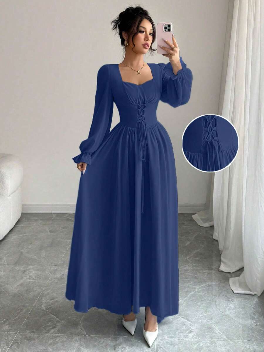 Modelyn Gaun Pesta Panjang Elegan Wanita Warna Polos dengan Ikat Pinggang dan Detail Kerut - Royal Blue - View 1