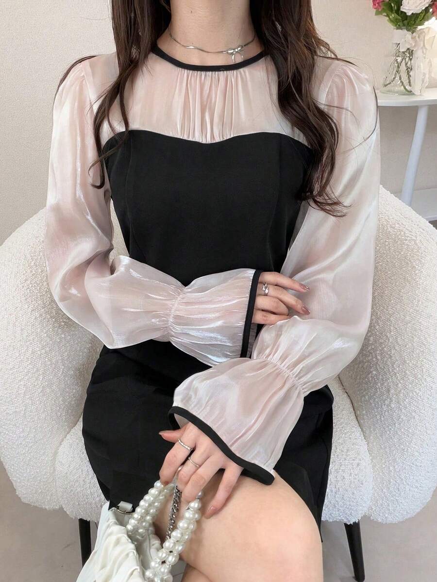 FRIFUL Women's Round Neck Chiffon Mesh Patchwork Flare Sleeve Contrast Color Sweet Casual Party Dress Sundress - Black - View 1