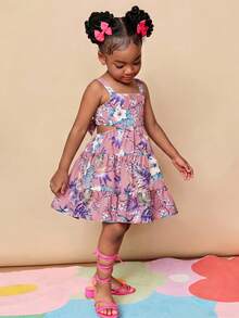 Travachic KIDS Đầm chiffon họa tiết hoa nhí lưng hở bằng vải lanh dành cho bé gái - Màu be - Xem 3