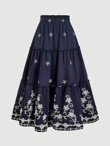 SHEIN MOD 波西米亚镂空刺绣多层半身裙，70年代复古风，适合花园茶会、约会、派对等场合，是女士春夏沙滩装的理想之选。吊带设计，波西米亚风情，适合春假穿着。藏蓝色刺绣长款半身裙，花卉图案，波西米亚风格，高腰设计，飘逸灵动，艺术感十足，触感柔软细腻，弹性腰带，A字裙摆，轻盈透气，复古灵感，优雅民族风图案，质感面料，休闲优雅，层叠裙摆，魅力十足。适合夏季假期、度假、嘉年华、情人节、女士情人节、夏季、春假等场合。 - 藏蓝色 - 查看 8