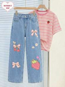 SHEIN Tween Girls' Fashionable&Cute Light Blue Straight Leg Jeans,Summer Back-To-School Strawberry Bowknot Print Loose Fit Wide Leg Baggy Denim,School Y2K - Light Wash - View 5