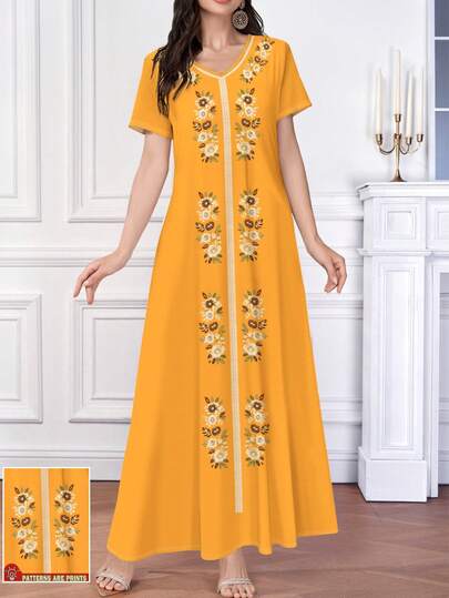 Al Najma Floral Plant Embroidery Striped Print Dress, V-Neck Short Sleeve Waist Cinched Elegant Dress, Suitable For Vacation And Daily Wear, Summer