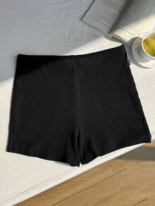 Comfortcana Plus Size Solid Color Knitted Cycling Shorts Black Micro Short Knit Shorts Stretchy Shorts Ribbed Shorts Black Micro Shorts - Black - View 5
