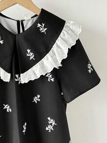 Loose Elegant Ditsy Floral Contrast Lace Trim Teen Girl Dress - Black - View 4