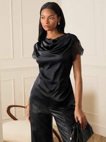 Lilora Blusa suelta de manga corta con cuello de encaje con volantes en color negro, estilo "Old Money" de los años 2000, para el Día de San Valentín, baile de graduación, primavera y vacaciones de verano. - Negro - Ver 4