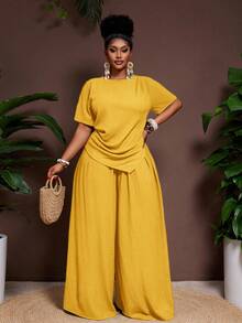 SHEIN CURVE+ Plus Size 2-Piece Set,Mustard Yellow Summer Modest Vacation Crinkle Fabric Crop Top With Structured Fit & Pointed Hem,Elastic Waist Wide Leg Pants Set - Yellow - View 7