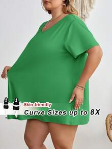 SHEIN CURVE+ Plus Size Casual Solid Color Round Neck Short Sleeve T-Shirt - Green - View 10