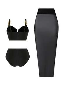 Swim Oasis 2026 New Black Sexy Swimsuit, Thick Gold Chain Strap Bikini + Sheer Maxi Skirt Beach Resort Set - Black - View 9