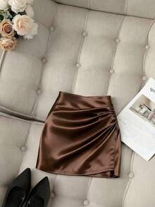 Franclia Fashionable New Satin Asymmetrical Midi Skirt, Spring/Summer High-Waisted, Slimming, Bodycon, Sexy, Pleated Women's Midi Skirt, Women's Midi Skirt, Women's Elegant Midi Skirt, Women's Spring/Summer Midi Skirt, Summer Outfit, Women's Bodycon Midi Skirt, Women's Slit Midi Skirt, Women's Shimmering Midi Skirt, Women's Mini Midi Skirt, Women's Satin Midi Skirt.Graduation Season Attire, Fashionable Casual Commuter Wear, Business Office Wear, Versatile And Stylish Everyday Casual Wear, Urban Teacher's Professional Attire - Brown - View 6