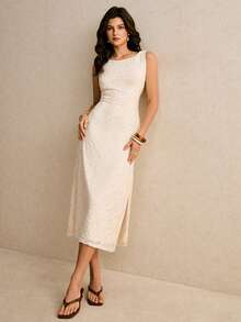 Poéselle 女士纯色露背无袖开衩优雅连衣裙 - 杏色 - 查看 6