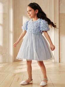 SHEIN Glamorique Kids 女童刺绣仿珍珠网纱纯色短袖连衣裙 - 藍色 - 查看 9