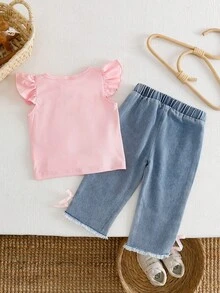 SHEIN 2件組女嬰粉色夏季可愛度假套裝 紅色圓領泡泡袖上衣搭配櫻桃刺繡牛仔褲 甜美風格日常穿著 - 粉色 - 查看 3
