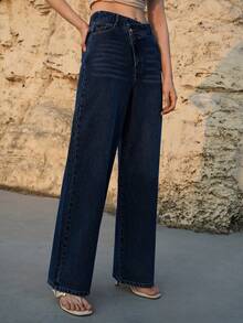 MOTF PREMIUM SPRING/SUMMER ASYMMETRICAL PLACKET WASHED STRAIGHT-LEG JEANS - Dark Wash - View 5