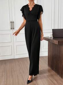 SHEIN Clasi Women's Elegant Black V-Neck Lace Collar Splice Lace Ruffle Sleeve Split Waist Long Knitted Elastic Jumpsuit, Summer Commute Jumpsuit, Travel Jumpsuit, Daily Jumpsuit Black Rompers For Women Black Romper Jumpsuit Black Jumpsuit Women Elegant Wedding Guest Jumpsuit Women Womens Jumpsuit - Black - View 9