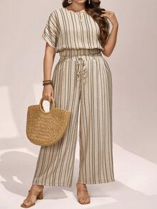 Comfylo 2pcs/Set Plus Size Striped Outfit,Round Neck Batwing Blouse & Wide Leg Pants,Beige Summer Smart Casual Vacation Drawstring Waist Co Ord Sets For Women - Multicolor - View 8