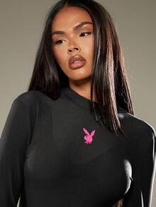 Missguided x Playboy Body ajustado de cuello alto y manga larga con detalle de escote en la espalda y bordado de logo rosa - Negro - Ver 5
