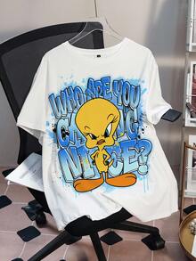 LOONEY TUNES X SHEIN Áo thun tay ngắn cổ tròn cỡ lớn in hình hoạt hình, thời trang và đa năng cho mùa hè. - trắng - Xem 1