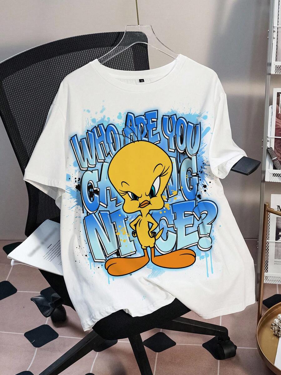 LOONEY TUNES X SHEIN Áo thun tay ngắn cổ tròn cỡ lớn in hình hoạt hình, thời trang và đa năng cho mùa hè. - trắng - Xem 1