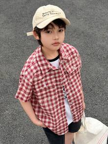 DAZY Tween Boy Plaid Short Sleeve Single-Breasted Pocket Casual Shirt - Red - View 1