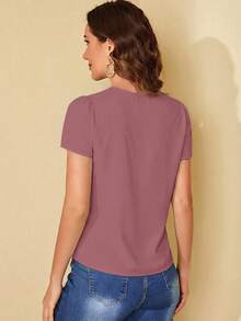 Camisa de mujer de unicolor, cuello redondo, casual, versátil y de manga corta para ir al trabajo - Rosa - Ver 4