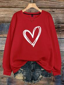 Sudadera de cuello redondo con estampado gráfico en forma de corazón para mujer de talla grande - Rojo - Ver 1