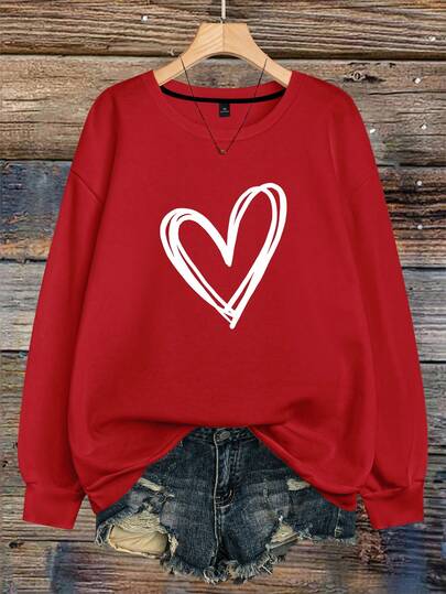 加大码女式心形图案印花圆领卫衣