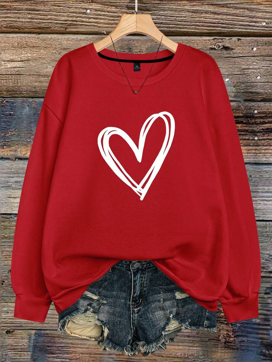 Sudadera de cuello redondo con estampado gráfico en forma de corazón para mujer de talla grande - Rojo - Ver 1