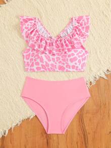 SHEIN Tween Girls Bikini Sets,Cute Pink Summer Beach Holiday Leopard Print Knit Lotus Edge Crossed Back Straps Two-Piece Camisole Top Triangle Swimwear - Pink - View 3