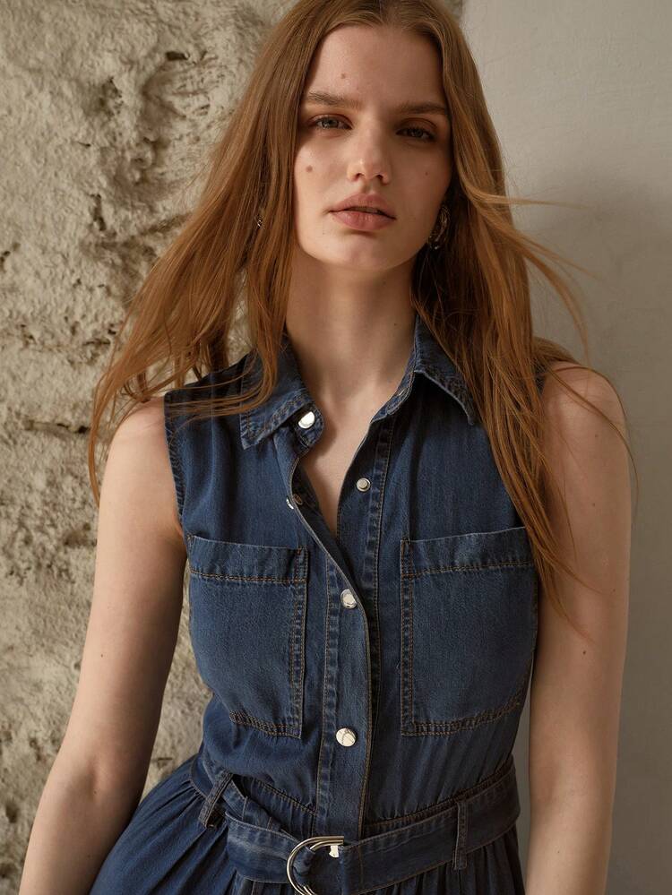 SLEEVELESS DENIM BELTED DRESS, SPRING/SUMMER