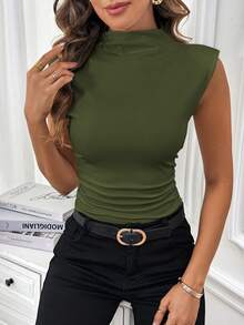 SHEIN Clasi 女士立领纯色修身休闲套头衫 - 墨綠色 - 查看 3