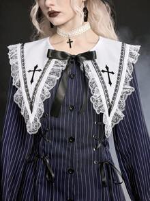 ROMWE Goth 哥特式暗黑娃娃十字尖领撞色蕾丝条纹修身A字迷你连衣裙 - 藍色 - 查看 4