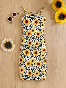 女童豹纹向日葵图案休闲吊带裙 - 彩色 - 查看 5
